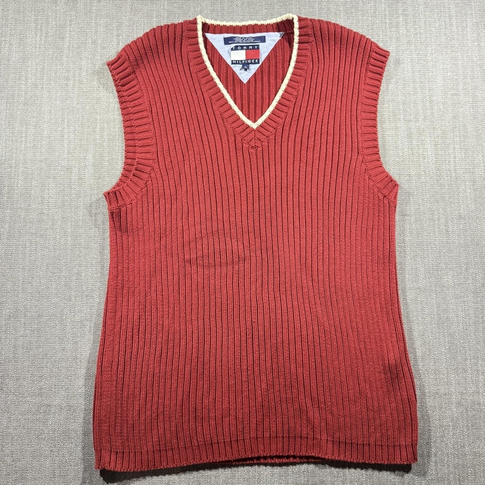 Vtg Tommy Hilfiger Sweater Vest Mens Large Red V Neck Sleeveless‎ Ribbed Preppy